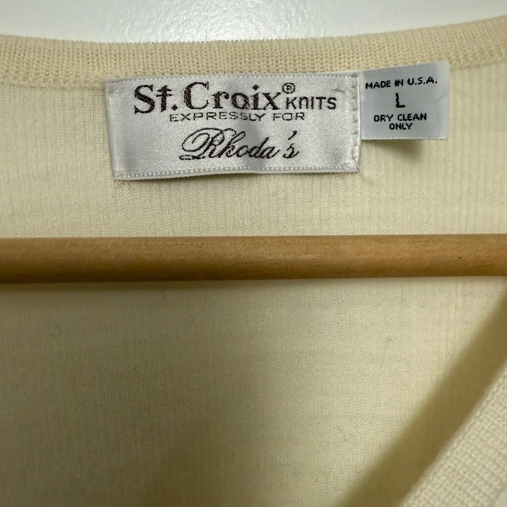 Vintage St. Croix Knits Cream V-Neck Sweater Velvet Appliqué Geometric 80s Sze L